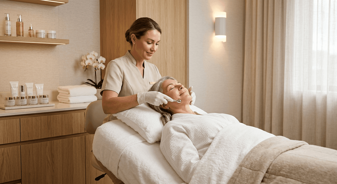 A woman relaxing during a facial skin treatment