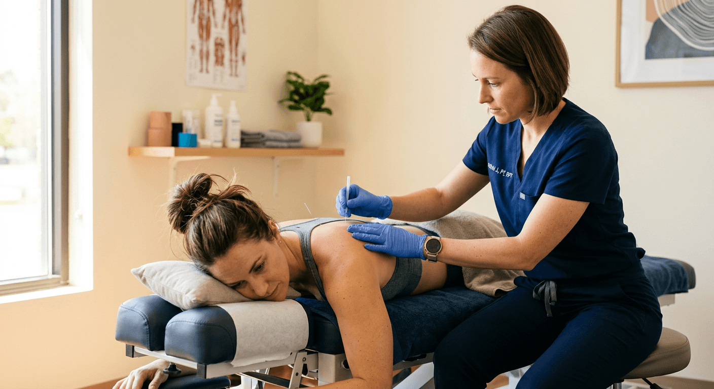 A physical therapist wearing gloves performing dry needling on a patient's upper back