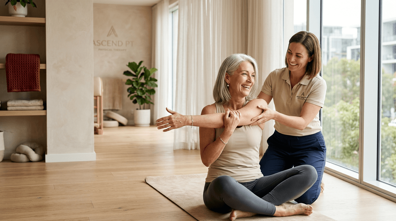 A smiling woman doing a guided mobility stretch with a physical therapist in a bright studio