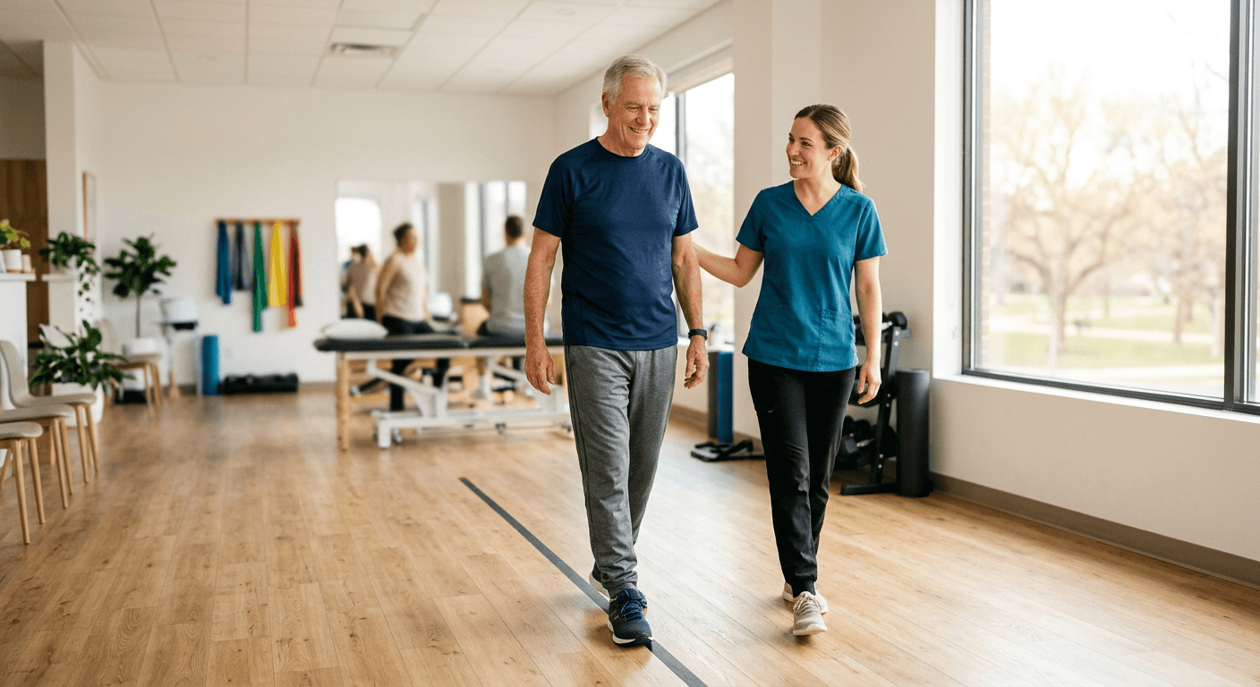 An older man walking along a balance line while a physical therapist walks beside him