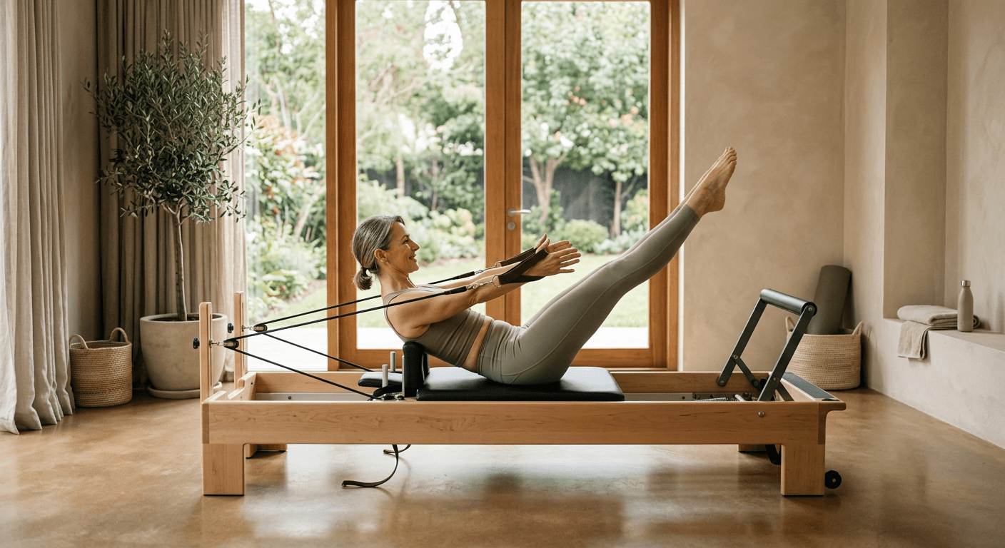 A woman exercising on a wooden Pilates reformer