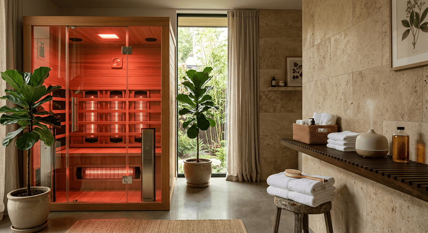 A calm wellness room with an infrared sauna and soft red light